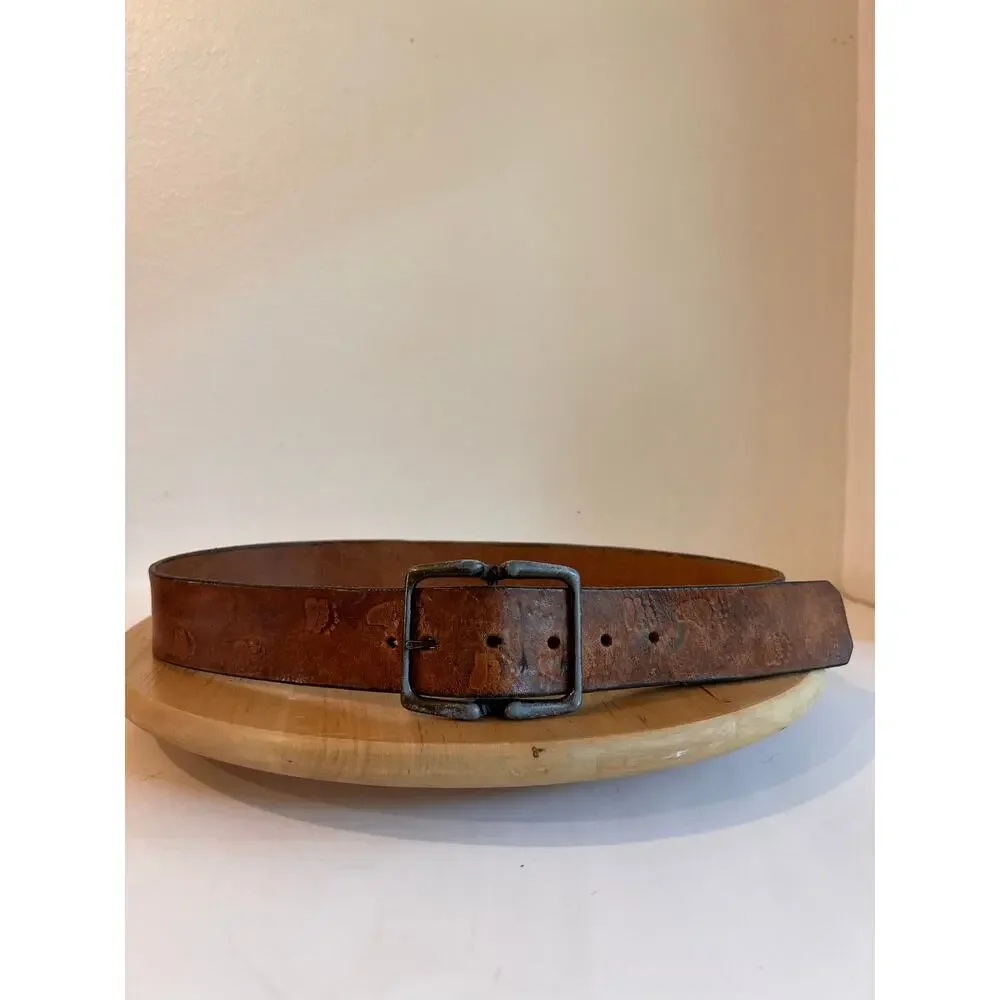 Vintage 90s Foot Print Distressed Genuine Leather Worn Buckle Belt Size Medium